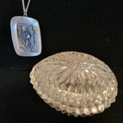 Vintage R.Tennesmed Sweden Pewter Necklace and Crystal Trinket Dish
