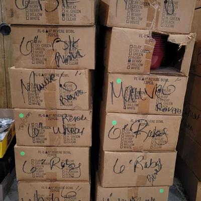 (12) Cases 6" Plastic Revere Bowls for Floral Arranging. Mostly NEW cases: Red, Mauve, Black, White