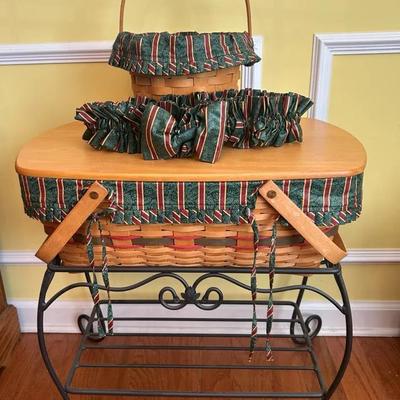 Longaberger Wrought Iron Basket Stand & (2) Christmas Patterned Longaberger Baskets
