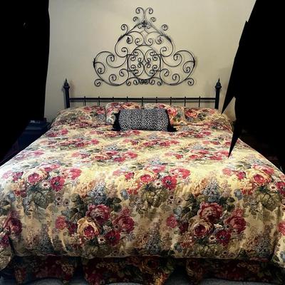 King Size Black Metal Bed w/ Decorative Wall Decor & Bedding