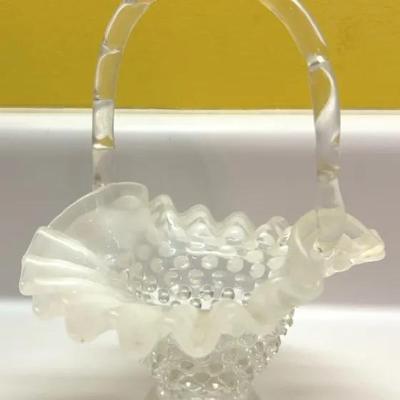 Vintage Fenton Opalescent Hobnail Basket With Clear Handle