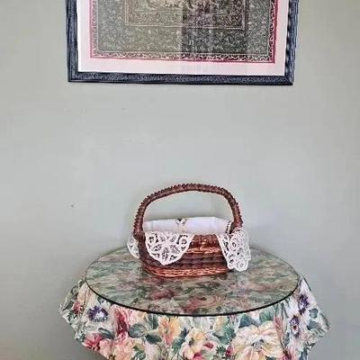 Framed Green/Yellow Leopard Tapestry, Round Glass Top Pressed Wood Table/ Floral Cover & Basket/Lace