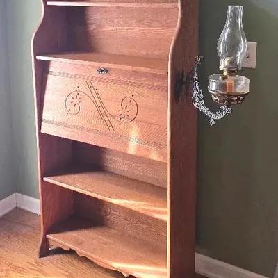 Vintage Solid Wood Drop-Front Secretary Bookcase with Attached Oil Lamp