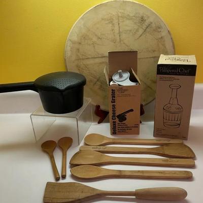 The Pampered Chef Stoneware Pizza Pan, Wooden Utensils, Food Chopper, & More