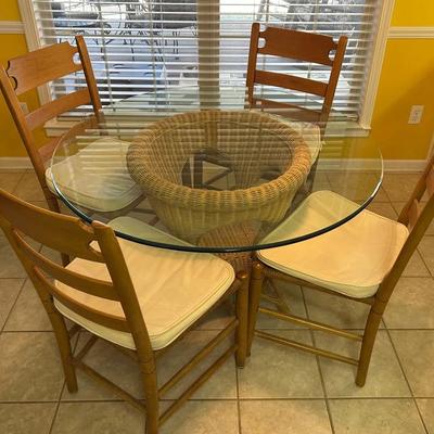 Round Glass-Top Dining Table with Wicker Base & 4 Chairs
