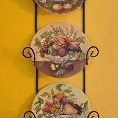 Email de Limoges Decorative Fruit Plates with Black Metal Wall Hanger (5 Pcs)
