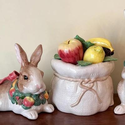 Fitz & Floyd Bunny Figurines (1991) & Majolica “Calypso Fruit” Jar (1990)
