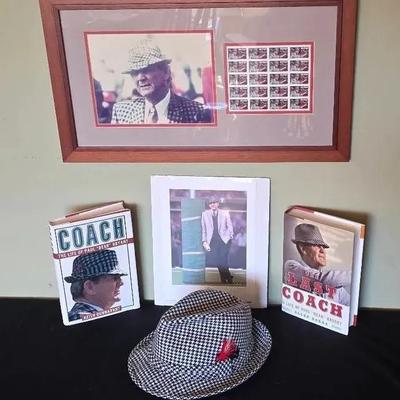 Paul “Bear” Bryant Memorabilia Collection – Framed Print, Stamps, Hat & Books
