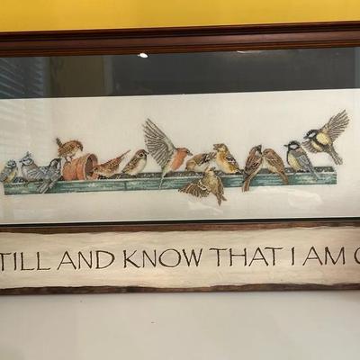 Framed Embroidered Hummingbirds, Pineapple Bookends, & Religious Sign