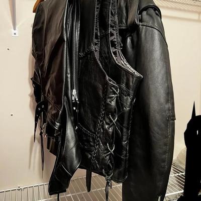 Black Leather Motorcycle Jacket, Vests, Chaps & Gloves – 4-Piece Lot
