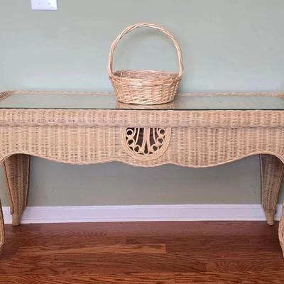 Natural Wicker Console Table with Glass Top