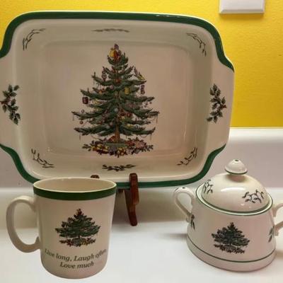 SPODE Christmas Tree Handled Casserole Dish, Coffee Mug & Lidded Sugar Dish