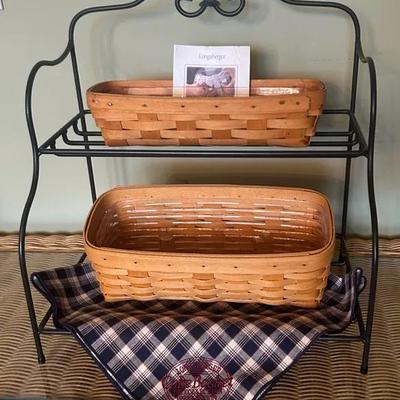Longaberger 2 Tier Wrought Iron Shelf & 2 Long Rectangular Longaberger Baskets + Accessories 