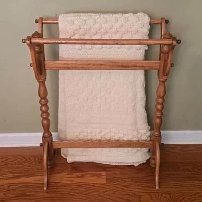 Wood 2 Sided Quilt Rack, Hand Made Crocheted Afghan 64IN X 64IN