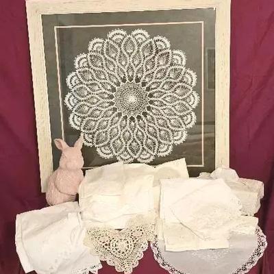 Crochet Cottage Décor Group – Framed Crochet, Rabbit Statue & Linens
