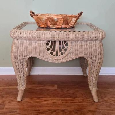 2nd Natural Wicker Side Table With Glass Top & Woven Basket
 (Different Shape/size)