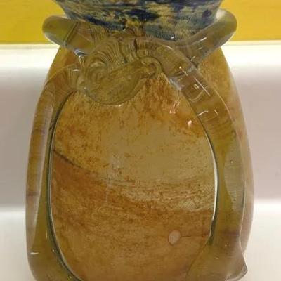 Blue & Amber Art Glass Vase with Applied Glass Handles
