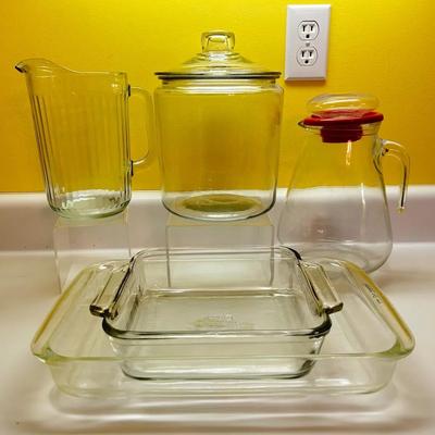 Glass Cookie Jar, Pitchers, & Two Pyrex/Anchor Hocking Casserole Dishes
