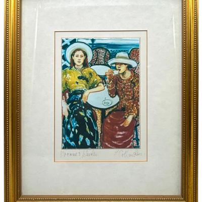 Small Signed Color Print – European Café Scene, Gilt Frame (10″ × 12″)