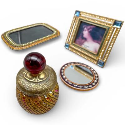 Decorative Vanity & Desk Décor Group with Framed Art, Mirrors & Ornate Bottle
