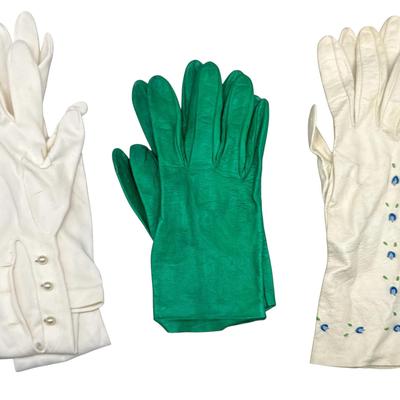 Vintage Leather & Fabric Dress Gloves – White & Green, 3 Pairs