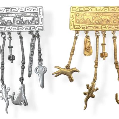 Marked 1988 JJ Jonette Jewelry Vintage Tribal Southwest Dangling Charms Pin Brooches (2 Pieces)