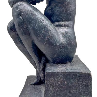 Large Modern Abstract Nude Figure Sculpture – Dark Stone Finish, Contemplative Pose