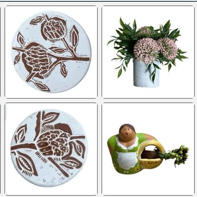 Decorative Home Décor Lot – Ceramic Planter with Faux Florals, Hand-Painted Figurine Planter & Two A