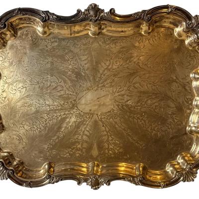 Large Marked Vintage Birmingham Silver Co. Silver on Copper Footed Butler’s Tray with Handles