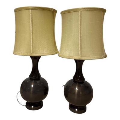 Pair of Contemporary Table Lamps with Dark Glass Bases & Beige Fabric Shades (22.5”) 