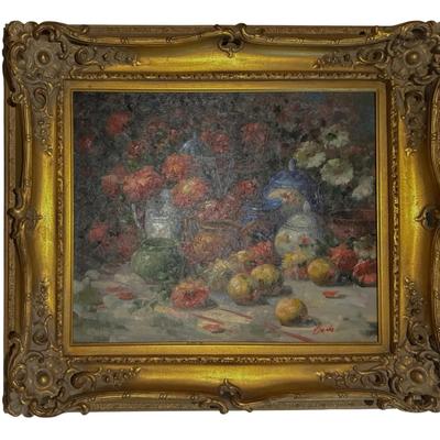 Large Framed Still Life Floral & Fruit Painting – Signed