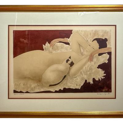 Large Alain Bonnefoit (France, b. 1937) Signed Lithograph – Reclining Nude with Siamese Cat
