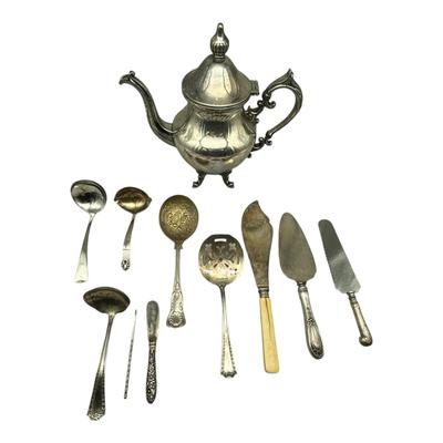 Vintage Silver-Tone Serving Utensils & Ornate Tea Pot – Mixed Lot