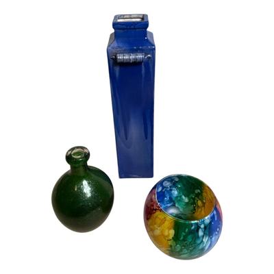 Decorative Vase Trio – Green Art Glass Bottle, Blue Ceramic Vase & Multicolor Glass Bowl