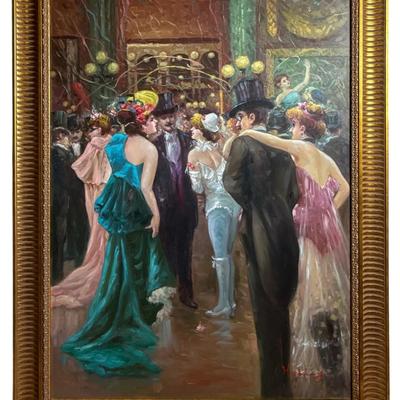 Large Signed Oil Painting – Parisian Belle Époque Evening Scene, Gilt Frame (30″ × 40″)