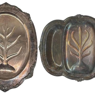 Two Community “Melon” Silverplate Serving Trays – Sheffield-Style Design with Raised Tree Motif