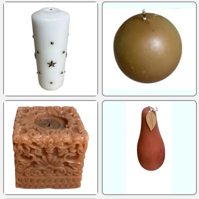 Decorative Candle Lot – Hand-Poured Pear Candle, Carved Square Candle & Accent Candles