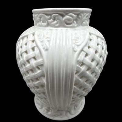 White Pierced Ceramic Vase with Basketweave Design – Decorative