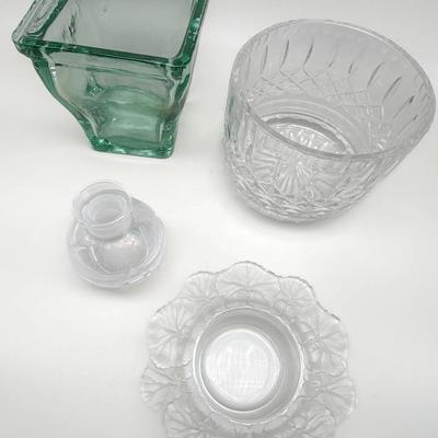 Lalique of France Honfleur Crystal Bowl, Cut Crystal, Vintage Green Vase & Clear Bud Vase (4 Items)