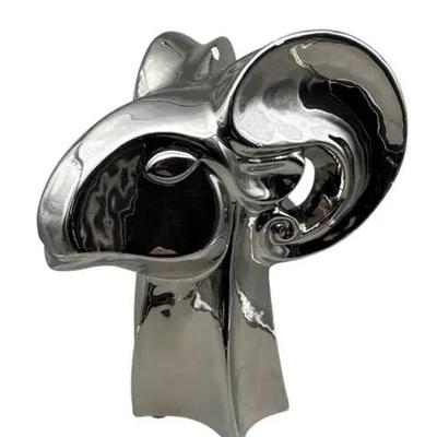 Modern Cubist Ram Head Sculpture – Silver Finish Decorative Accent