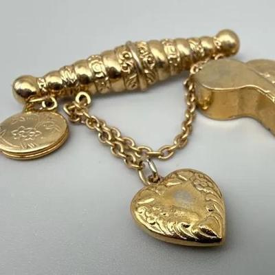 Vintage Gold-Tone Charm Brooch with Whistle & Heart Lockets