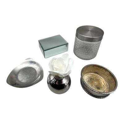Mixed Decorative Home Accents Lot – Glass Box, Candle Jar, Metal Bowl & Vase