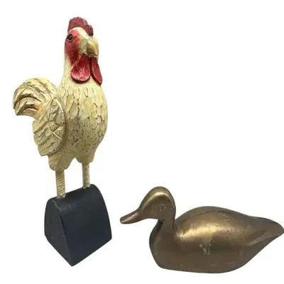 Decorative Rooster Carving and Brass Duck Figurine – Farmhouse Accent Pair