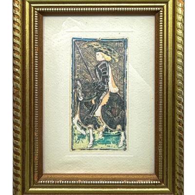 Framed Medieval-Style Knight on Horseback Illustration, Miniature Print