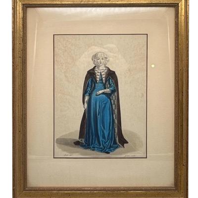 Framed Hand-Colored French Print “Marguerite de Beaujeu” , Late 19th–Early 20th Century