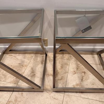 Pair of Modern Brushed Metal & Glass Side Tables – Contemporary Geometric Design