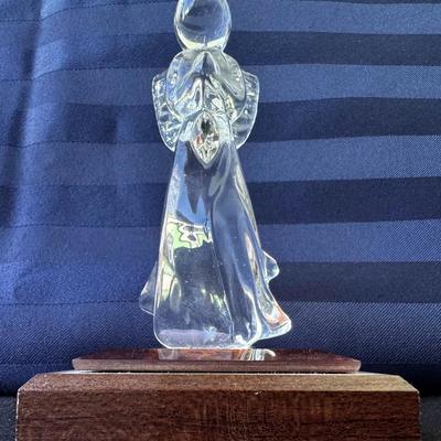 Clear Glass Angel Figurine on Wood Base ~ Praying Angel Statue ~ Approx. 4” 