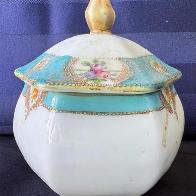 Vintage Hand Painted Japan Porcelain Lidded Jar ~ Floral & Gold Gilt ~ Hexagonal 