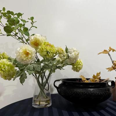 Rustic Home Décor Lot – Hand-Carved Black Wood Bowl, Terracotta Vase & Faux Floral Arrangements
