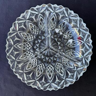 Vintage Pressed Glass Divided Relish Dish ~ Starburst Pattern, Approx. 7” Diameter 